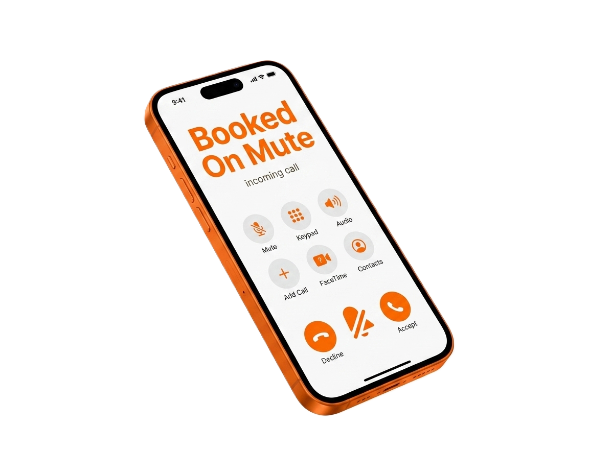 BookedOnMute AI receptionist answering an incoming call on a phone